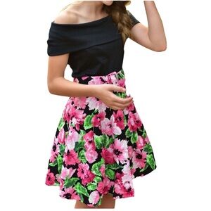 Vintage Dress 80’s Buyer, Too Off Shoulder Black & Floral Mini Fit & Flare